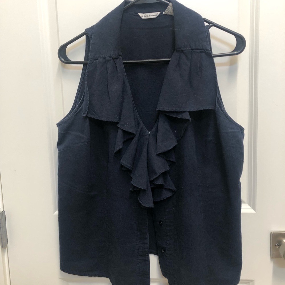 Navy ruffle front linen sleeveless blouse